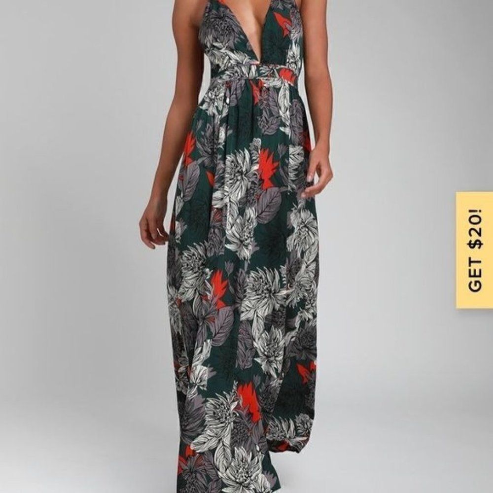 La Charme U Floral Green Halter Maxi Dress Size Small